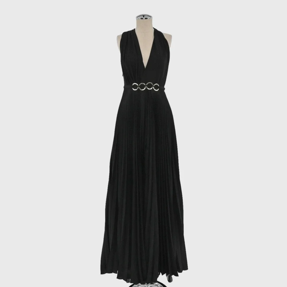 Halston‎ Heritage Pleated Ring Gown Womens Size 2 Black Formal Maxi Dress Gala